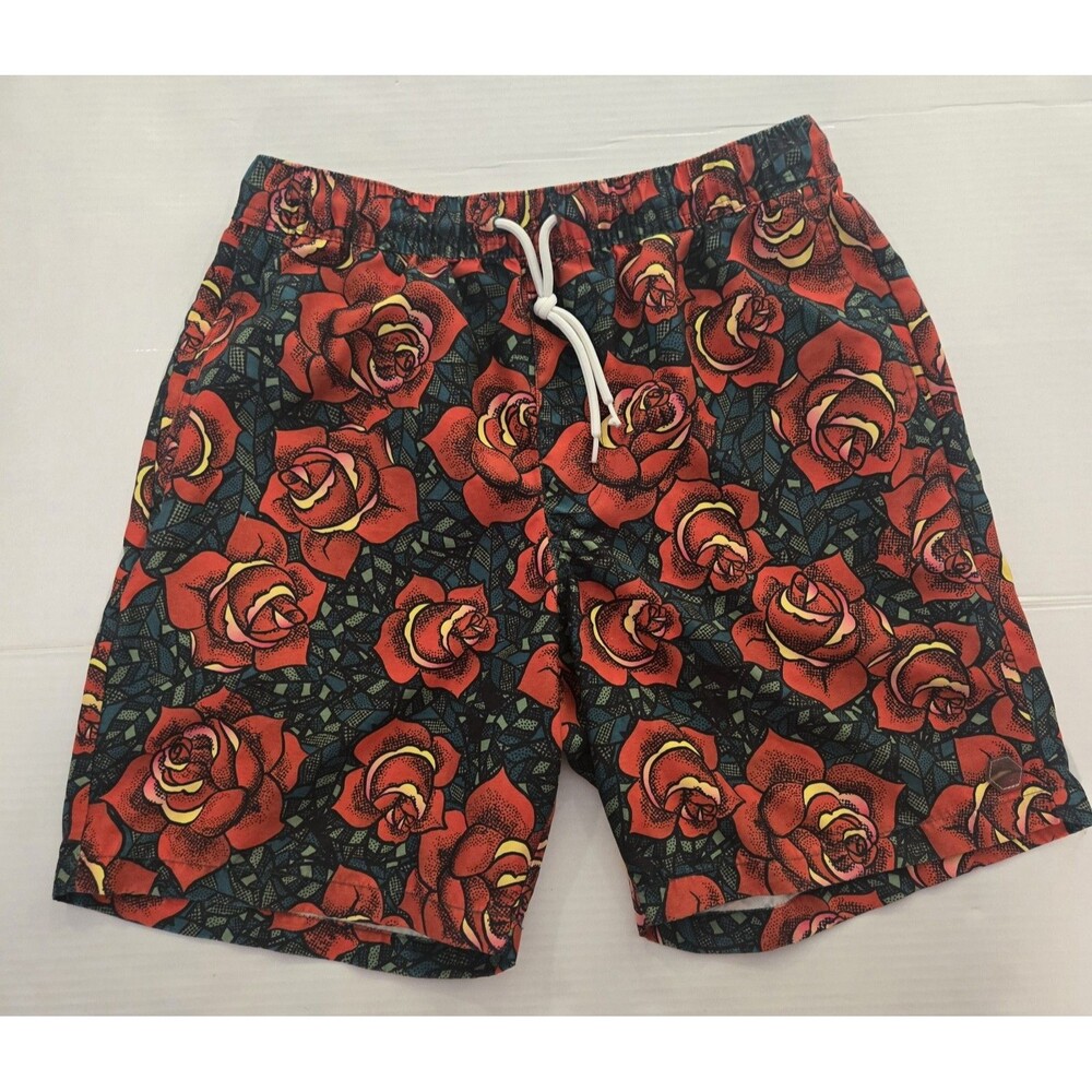 Empyre Men’s Swim Trunks Size S Red Floral Drawstring Elastic Waist Pockets